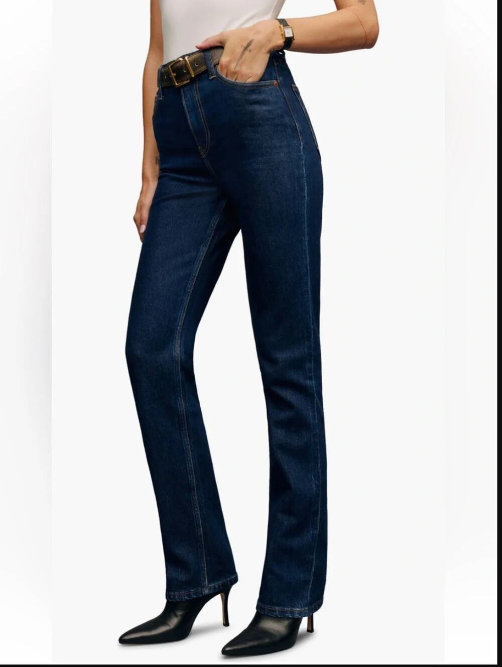 Reformation Jax Stretch High Rise Straight Jeans Seneca Dark Indigo Size 25 NWT